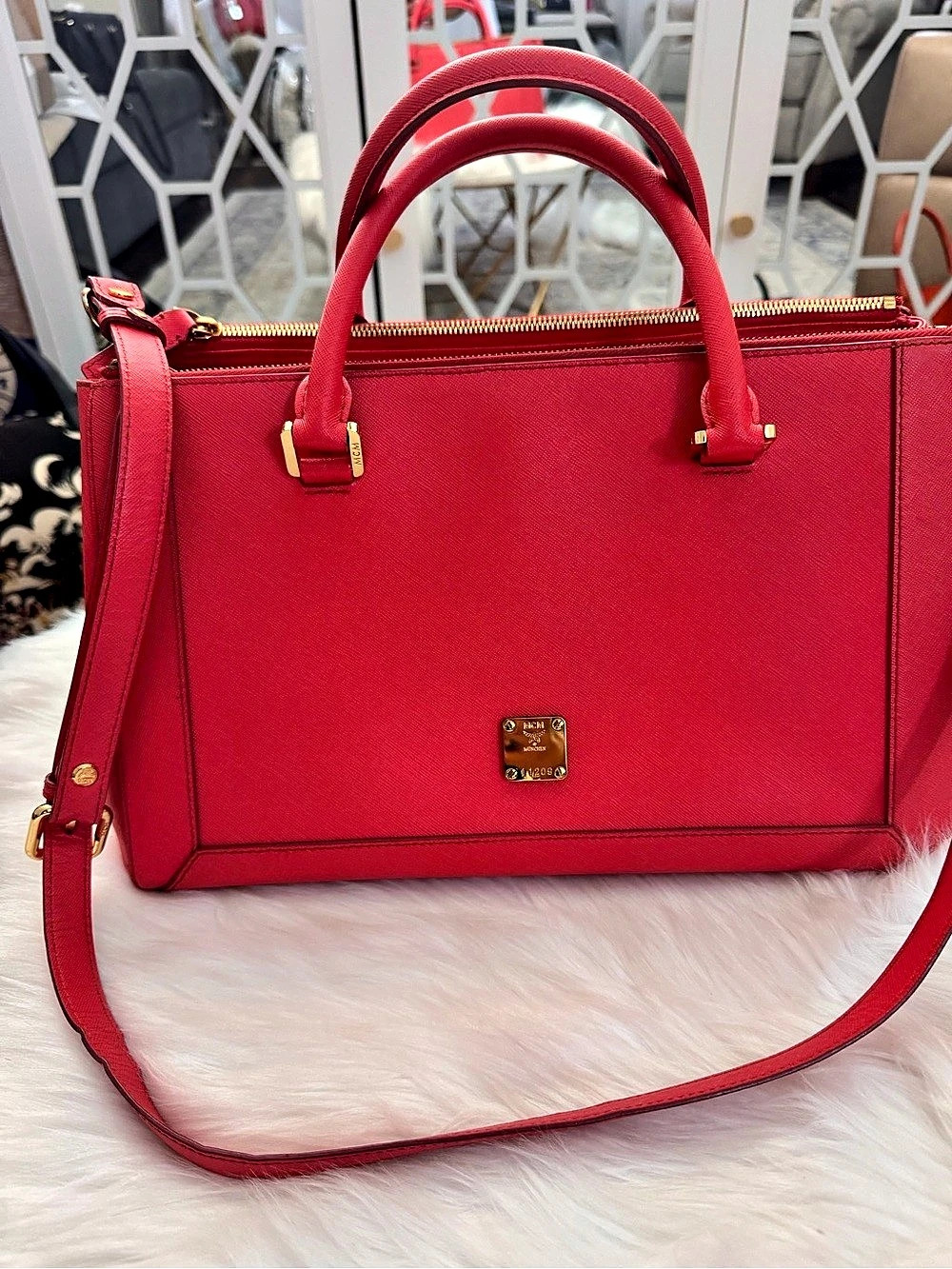 MCM Nuovo Saffiano Leather Double Zip Tote Bag Satchel Red